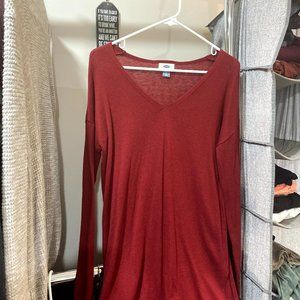 Red long-sleeve sweater shirt, oversized length